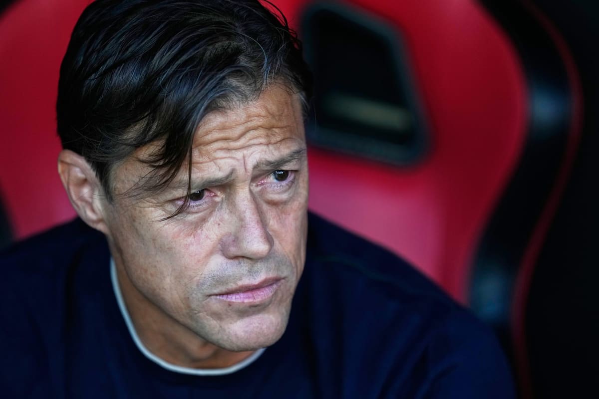 FILE - Sevilla's head coach Matias Almeyda waits for the start of the Spanish La Liga soccer match between Sevilla and Barcelona at the Ramon Sanchez Pizjuan stadium in Seville, Spain, Sunday, Oct. 5, 2025. (AP Photo/Jose Breton, File)