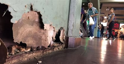 Filtraciones, muros dañados y suciedad acumulada en un rincón de la estación de ómnibus de Retiro