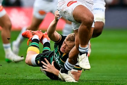 Fin Smith con la camiseta de Northampton Saints, en pleno esfuerzo defensivo; el número 10 de 23 años se estrenó en la selección de Inglaterra en el último Seis Naciones y ahora llegó a Lions.
