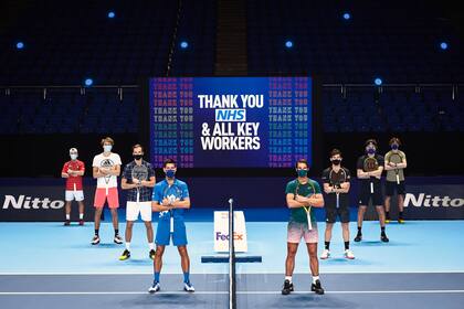 Los singlistas del Masters de Londres en un año inusual por el Covid-19: Schwartzman, Zverev, Medvedev, Djokovic, Nadal, Thiem, Tsitsipas y Rublev.