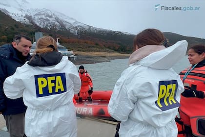 FIscal federal Julio Zárate, durante la toma de muestras de agua en el Brazo Rico