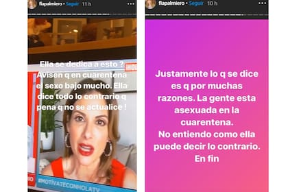 Flavia Palmiero apuntó contra Alessandra Rampolla y la criticó en las redes por afirmar que "el sexo aumentó durante la cuarententa"