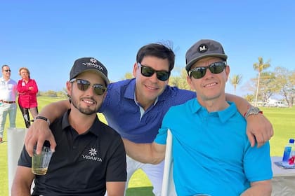 Flecha Azul Tequila co-founders Abraham Ancer (left) and Aron Marquez (middle), with friend and principal investor Mark Wahlberg (right). (Photo: Business Wire)