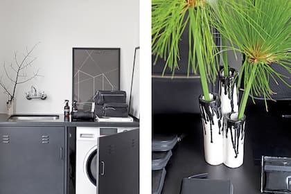 Originalmente lavadero, el estudio de Piet cuenta con un mueble de chapa negro tipo locker (Mobile) que esconde el lavarropas cuando llegan los clientes.