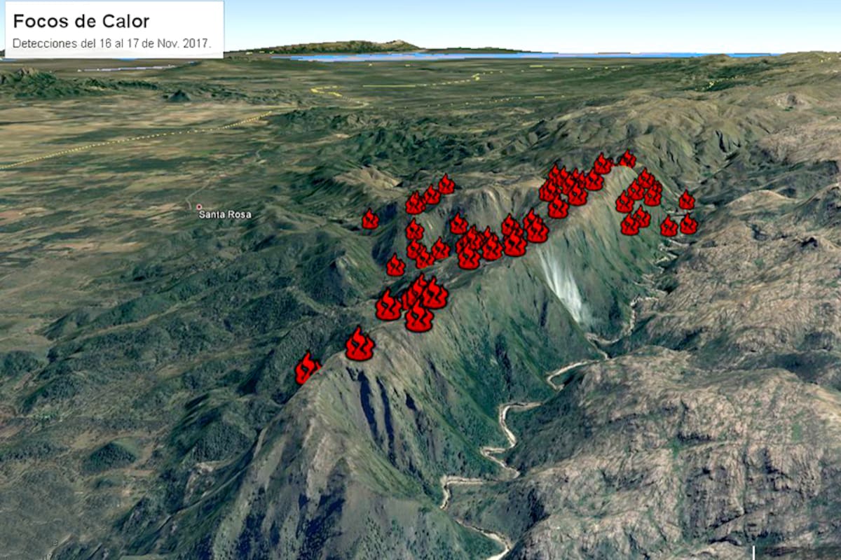 Focos de calor en Traslasierra, Córdoba, según en análisis del sistema SARTiv