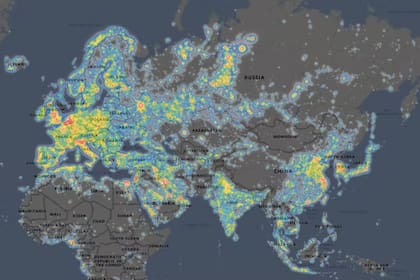 Focos de contaminación lumínica en Europa, Asia y el norte de África