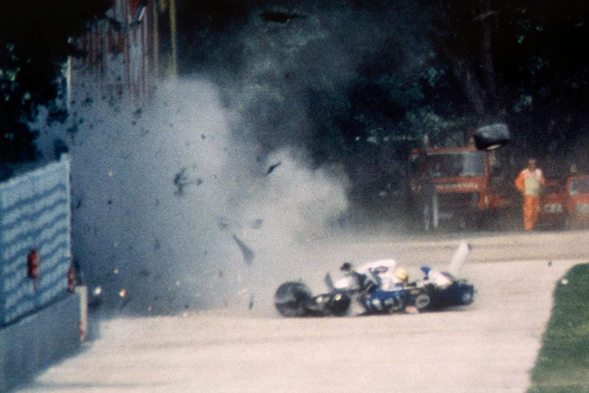 Formula One racer Ayrton Senna crashes into a wall during the 1994 San Marino Grand Prix in Imola, Italy. Senna later died at the Maggiore Hospital in Bologna. (Photo by Alberto Pizzoli/Sygma/Sygma via Getty Images)