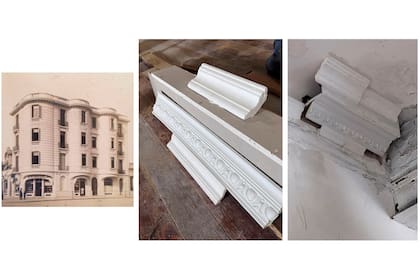 Foto antigua del edificio a poco de su construcción y detalles de su restauración.
