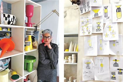 Sobre formas de cerámicas, Carolina traza, a menudo en negro y blanco, todo un repertorio de plácidas tramas orgánicas y geometrías joviales.