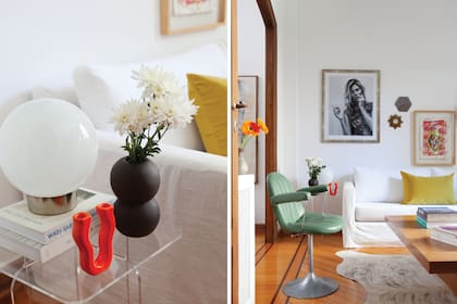 Foto de Kate Moss (Tienda Mecenas). Sillón con funda y floreros (Philomena Home). Mesa de acrílico (Ries). Silla verde vintage (Suma).