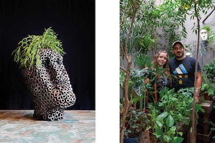 Foto de la izquierda: El vivero La Flor de Gero también hace arte con hierro. Foto de la derecha: Flor y Gero en su emprendimiento.