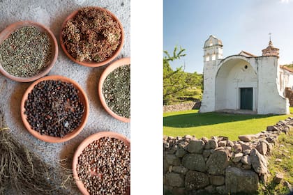 Foto de la izquierda: Semillas de árboles nativos para reproducción. Estas serán utilizadas en el proyecto de forestación de Villa Serrana.Foto de la derecha: La capilla fue construida en 1730 y en 1941 fue declarada Monumento Nacional. Está fuera del complejo y abierta al público. En el restorán pueden adquirirse todos los productos que se realizan con frutas, verduras y hierbas aromáticas de la huerta.