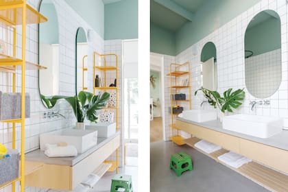 Para el baño de los más chicos, en planta alta, Hajnal usó microcemento en los pisos, de modo tal de no generar una carga extra sobre la losa
