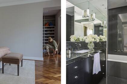 En el baño, revestimiento cerámico negro (SBG) y mesada de granito ‘Negro Brasil’. Mueble laqueado con herrajes cromados (Restoration Hardware). Apliques (Iluminación Agüero).