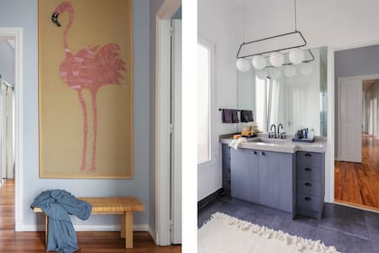 En el baño principal, vanitory pintado de gris carbón (Chalked), grifería (Peirano), bandejas de mármol (Casa Hygge), lámpara colgante de la marca danesa Illums Bolighus.