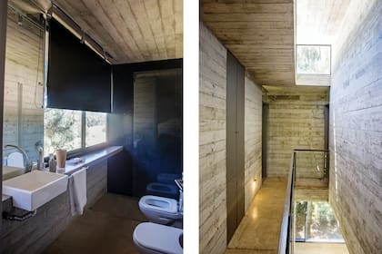 En el baño, sanitarios y pileta (Ferrum). Grifería (FV). Iluminación (Fábrica de Luz).
