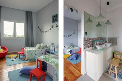 En el baño, detalles coloridos con la alzada de venecitas y el canasto (Zara Home).