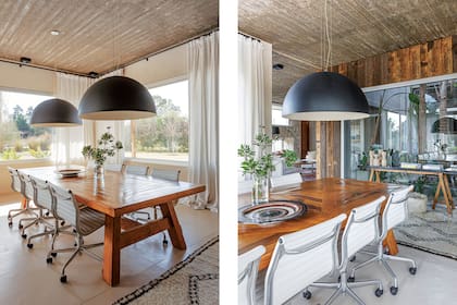 Mesa en madera de pino Brasil recuperada (Estudio Pirca). Sillas ‘Aluminum’ con ruedas. Lámparas colgantes (Omniluz). Plato decorado (Ángeles Castro Corbat). Consola (Eugenio Aguirre).