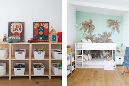 Cama cucheta en hierro pintado de blanco, diseñada por el dueño de casa. Cubrecama (Nap). Manta (Lote Propio). Gigantografía confeccionada a pedido con imagen hecha por Matías (Cield). Estantería de madera (Paraná Muebles).