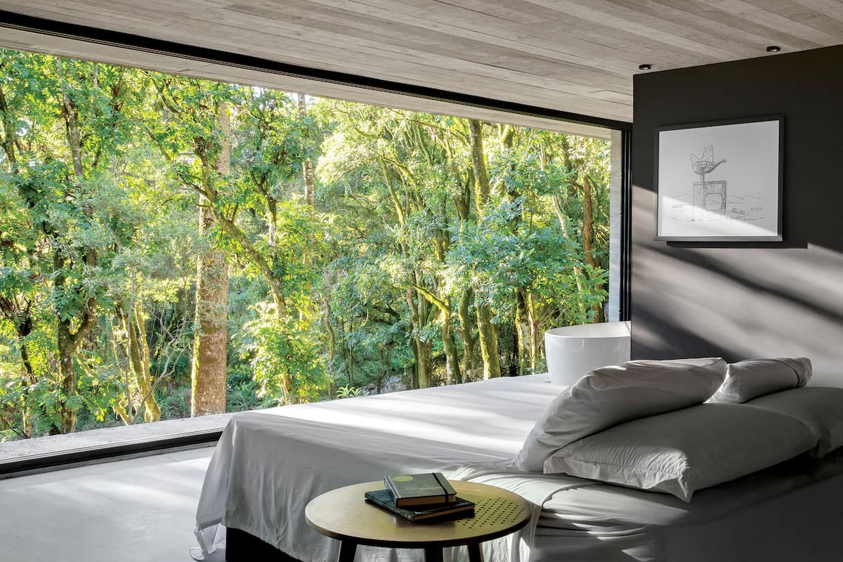 Foto de un dormitorio con gran ventanal que da al bosque en Brasil.