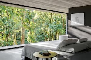 Foto de un dormitorio con gran ventanal que da al bosque en Brasil.