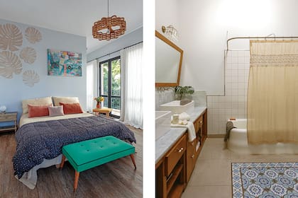 Hojas de monstera pintadas por la dueña de casa. Acolchado (Arredo). Almohadones de pana y banco tapizado (Good Luck Casa). La obra está hecha con material gráfico recolectado por Marisa durante un año y medio de viaje por el mundo.