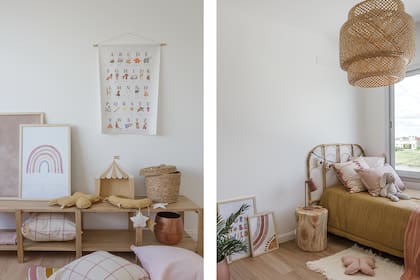 Cuadros, almohadones, póster y alfombras en tonos pastel de Babyboom Tienda. Acolchado, respaldo y mueble bajo (Sol Palou Deco).
