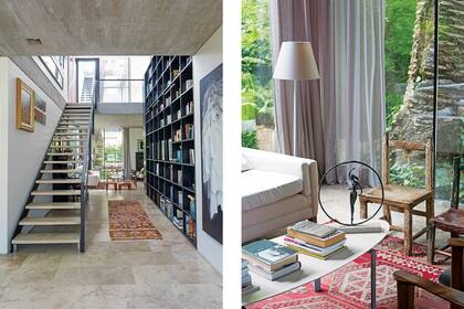 El colorido kilim (Facundo Lhez) juega a ser un cuadro más, sobre el piso. Biblioteca a medida (diseño del Estudio realizado por Carpintería Debonis); a continuación, cuadro en blanco y negro (Daniela Mion).