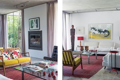 En un segundo living de mayor tamaño, alfombra en tonos rojizos (Facundo Lhez) y banco mid century (Vassily). Cuadro del gato (Viviana Blanco) sobre el sillón ‘Raffles’ (Gris Dimensión) y mesa ratona de vidrio (Bacano).