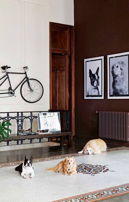 Foto de un living con sillón chester, biblioteca de piso a techo y piso de pino tea.