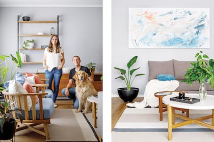 Jimena y Diego (con Chester, el perro de la familia). Plantas (Ciudad Naturaleza). La pareja sentía que su PH había quedado antiguo. Sobre el mueble, pieza ‘Escamas en Cerámica’ (ThiaraK).