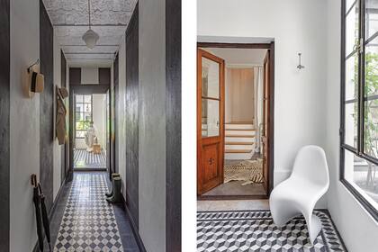 El pasillo de entrada con el damero y la bovedilla originales se acortó visualmente pintando anchas franjas verticales bicolor. Ambientado con una silla ‘Panton’, el hall distribuye al living o al patio delantero. La dueña vio el motivo del piso en la Catedral de Salta, donde está hecho con recortes de mármol.
