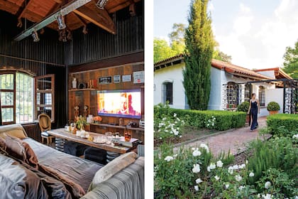 Revestimiento de pared y mesa de lapacho (11.11 Home & Deco). Sillón vintage tapizado en géneros de Casa Almacén.