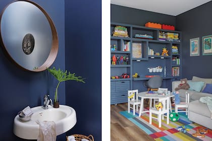 En el toilette, bacha vintage, jabones (Casa de Lavandas), toalla de mano (Natural Cosas Simples). Espejo (Ikea), máscara traída de un viaje.