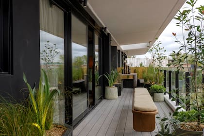 Foto de una balcón con piso de madera y plantas.