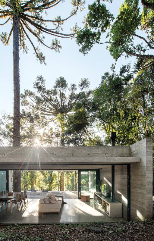 Foto de un dormitorio con gran ventanal que da al bosque en Brasil.