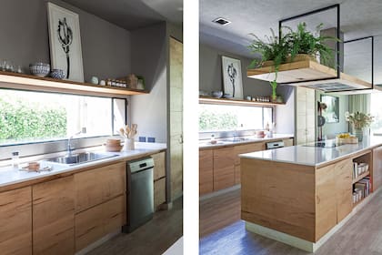 Isla y muebles de madera de zoita (Detry-Miguens Arquitectura). Mesada de Silestone ‘Blanco Norte’. Cuadro de Teodelina Detry. Canasto de fibras naturales (Casa María Paula). Helecho (Ciudad Naturaleza). Cuenco tallado a mano (Estudio Ayke). Vajilla artesanal (Candela González Arzac).