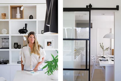 La puerta de hierro negro y vidrio amplifica la vista y la luz natural del living en la cocina.