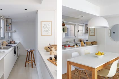 Sobre la barra, cestos de fibras naturales (Claudia Adorno). Mesa del comedor (Neoda). Sillas estilo Eames (Kikely). Lámpara colgante (Mercado Libre). Espejo redondo, regalo de su hija. Pisos de madera (Patagonia Flooring).