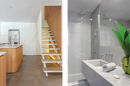 La escalera se armó con peldaños de chapa rellenos con el mismo cemento alisado del piso, para dar continuidad; la baranda, con varillas de hierro pintadas en blanco.