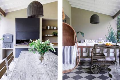 Mesa de lapacho (Amighini Home). Hamaca hecha por un mimbrero. Carrito de ratán sintético (Landmark). Sillones y mesas del living (Alejandra Hoeffner).