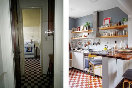 Aquí se conservó el piso, pero los cerámicos originales no alcanzaban para la nueva cocina. La solución fue el aporte de un vecino precavido y solidario.
