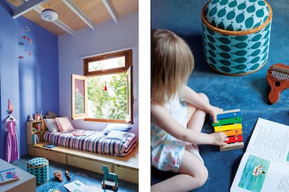 Cama de fenólico laqueada, con cajones y cabecera con espacio para juguetes, diseñada por Gilotaux (Fuentealba y Cía.). Marcos de cedro recuperados de una antigua casa familiar y modernizados con DVH (Rehau).