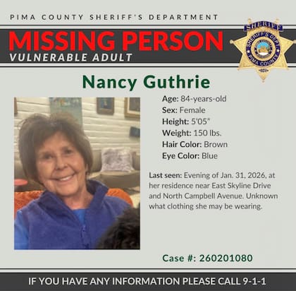 Foto entregada por la policía del condado Pima en Arizona el 2 de febrero del 2026, que muestra un aviso de búsqueda de Nancy Guthrie