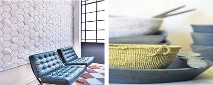 Foto1: Los calcáreos hezagonales en la pared de Bará Diseño. Foto 2: Pequeños grandes detalles de Siwani