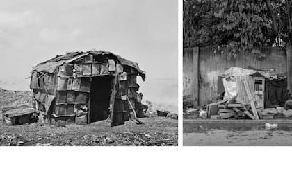 Fotografías de viviendas precarias en el Bajo Flores por H.G. Olds (izq., 1901) y Alfredo Srur (der., 2015)