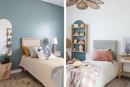 Respaldos en tussor, ropa de cama, mesas de luz y lámparas (Sol Palou Deco).
