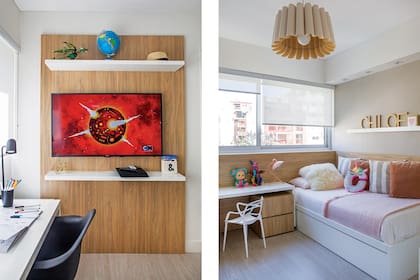 En el cuarto de los chicos, panel de TV en el mismo tono de las cajas. En el de Chloe, luz central de Weplight; velador de Ikon Iluminación; y silla de Deco Design.
