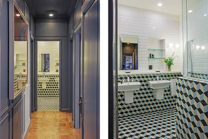 El baño de los chicos combina azulejos esmaltados con calcáreos diseñados por la arquitecta María Zunino. Completan un dúo de bachas suspendidas con grifería Robinet y box de ducha vidriado.