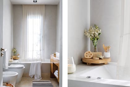 La textura y el color de las paredes del baño se logran con un tratamiento de estucado que se realiza a lo largo de varios días.